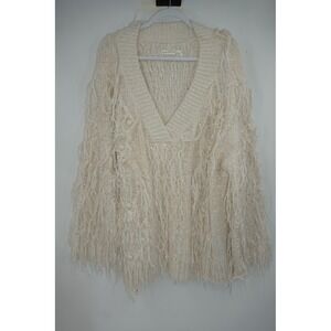 Anthropologie Sweater‎ Womens XL Cream Fringe Shaggy Knit Metallic V Neck